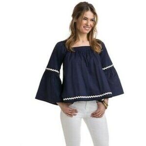 Vineyard Vines Ric Rac Bell Sleeve Blouse Navy Blue Size S Crop Cotton-Blend